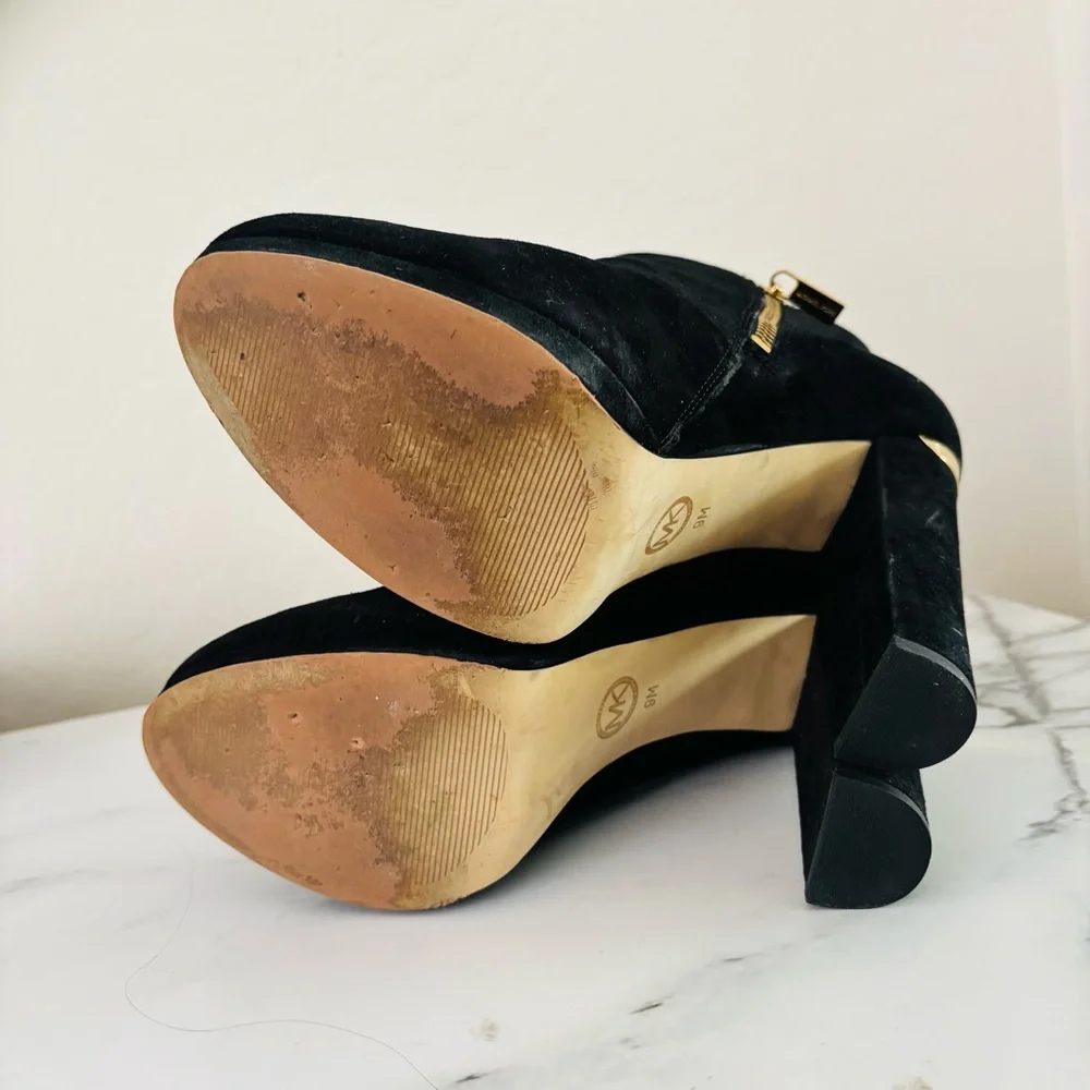 Michael Kors Haven Platform Booties‎ Black Suede Ankle with Gold Accents 9 M